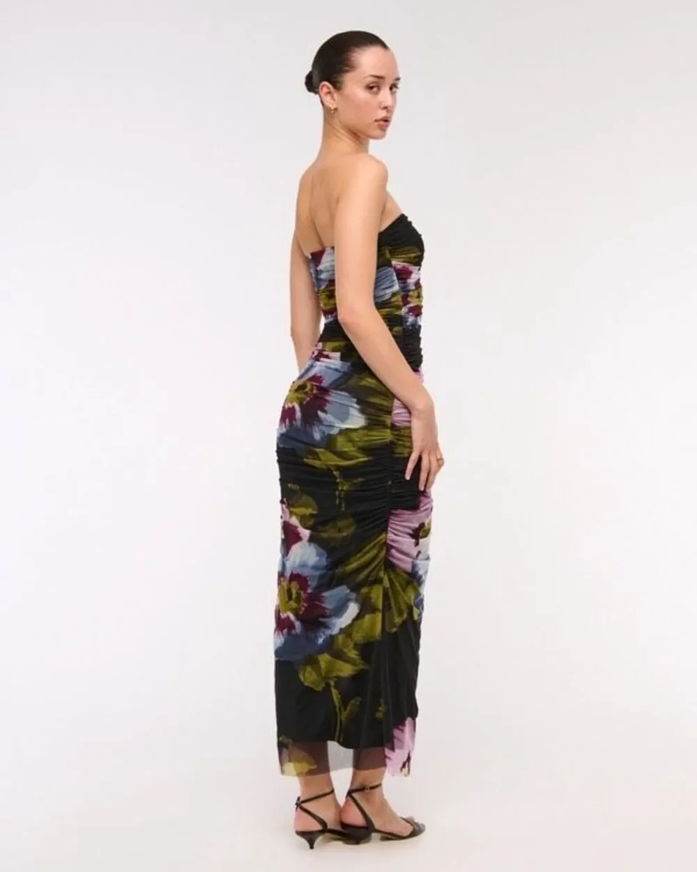 Abercrombie & Fitch Mesh Strapless Ruched Maxi Dress Black Floral Size M